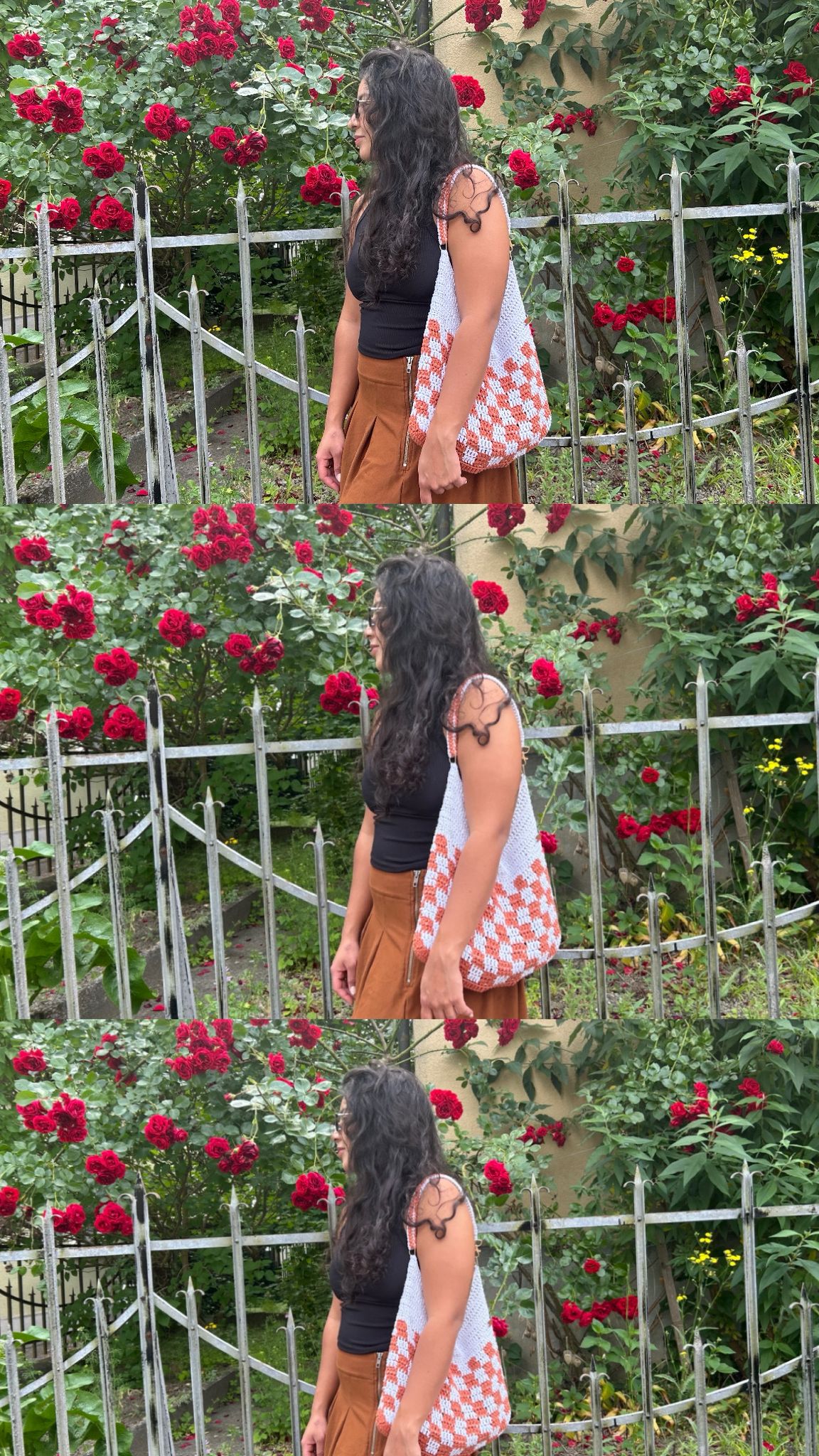 Terracotta checkerboard crochet shoulder bag